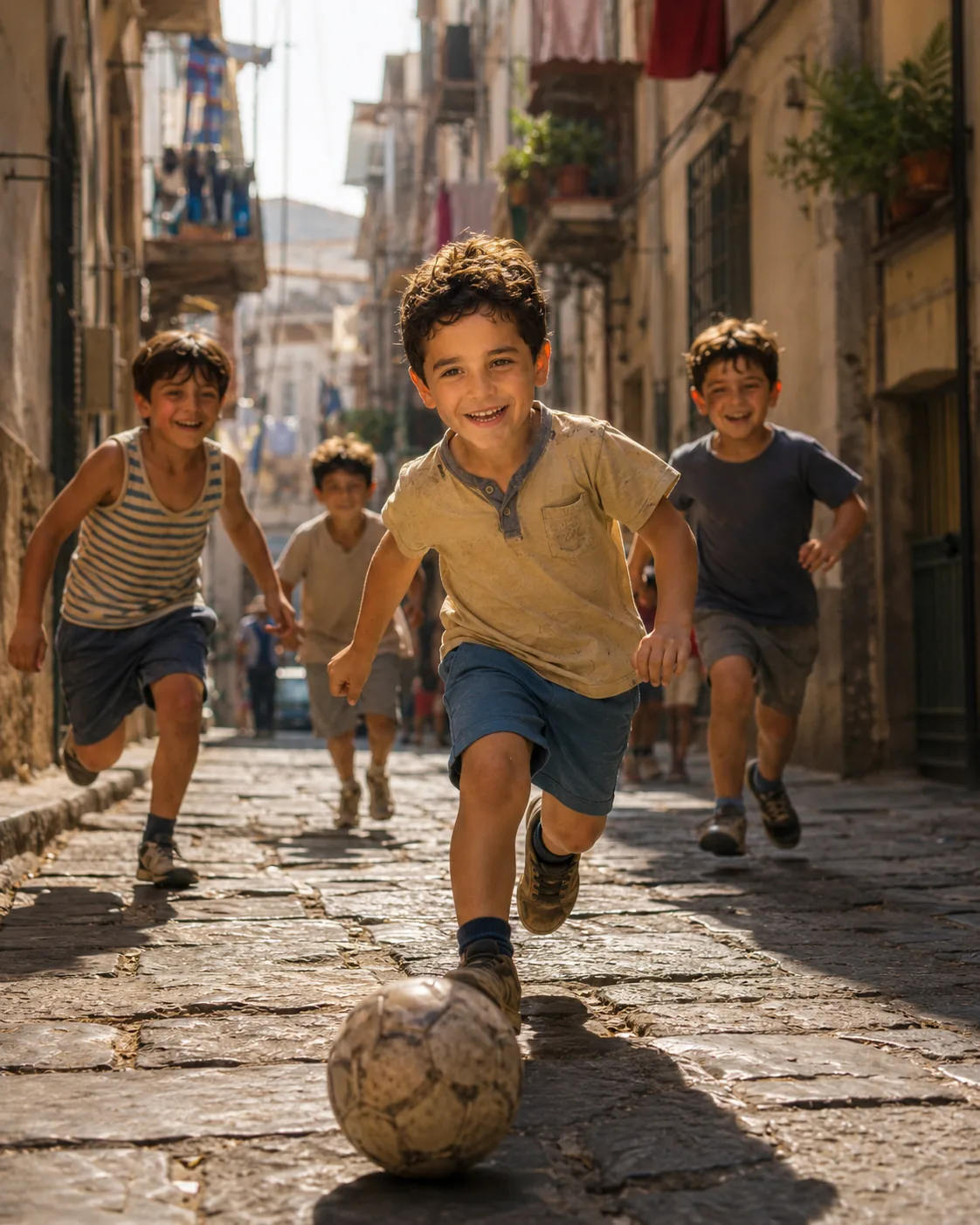 Valentino Amato als Kind, beim Fußballspielen in einer italienischen Gasse